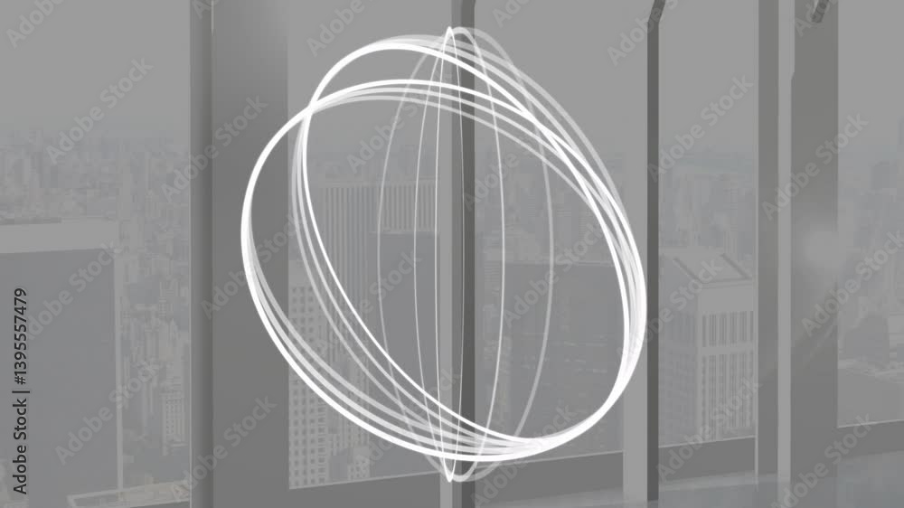 Glowing white atomic structure animation over cityscape seen through large windows Glowing white atomic structure animation over cityscape seen through large windows
