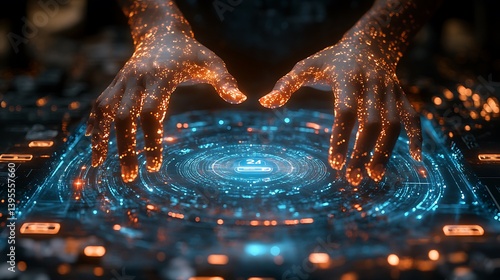 Hands Hovering Over Illuminated Circular Tech Interface, Displaying Data and Futuristic Design Elements with Glowing Particles.