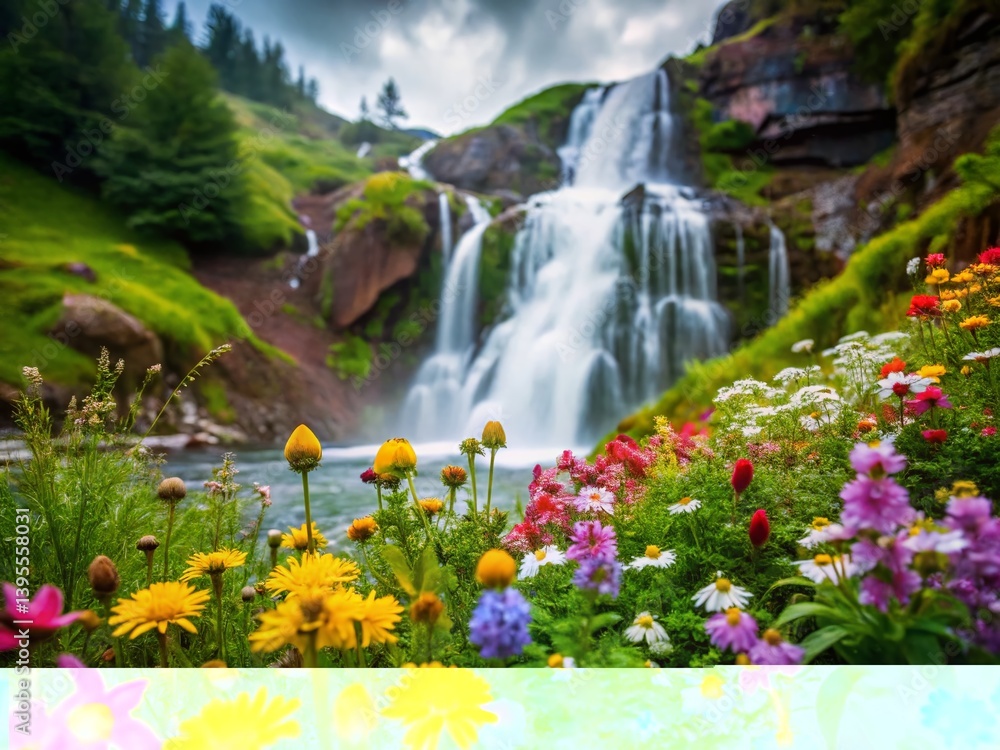 Obraz premium Cascade of Serenity: Majestic waterfalls plunge down rugged cliffs into a serene pool, surrounded by vibrant wildflowers and lush greenery.