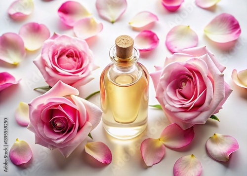 Rose Essential Oil Bottle, Top View, White Background - Aromatic Spa Product Photography