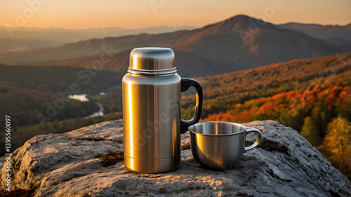 Mountain Sunrise Warmth: A stainless steel thermos and cup rest on a rock, steam rising as the sun casts a golden glow over the autumnal mountain landscape.