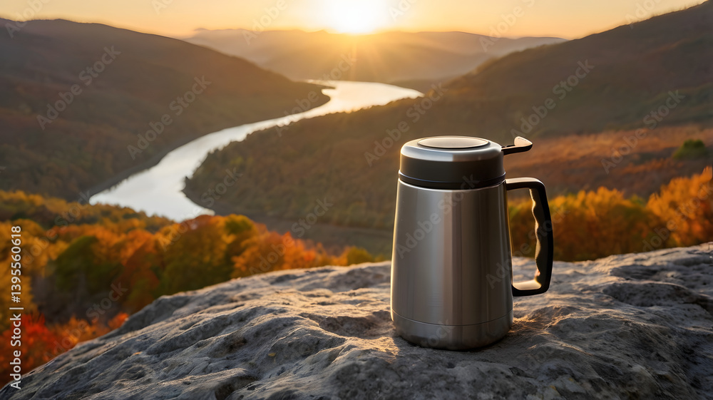 Mountain Sunrise Warmth: A stainless steel thermos and cup rest on a rock, steam rising as the sun casts a golden glow over the autumnal mountain landscape.