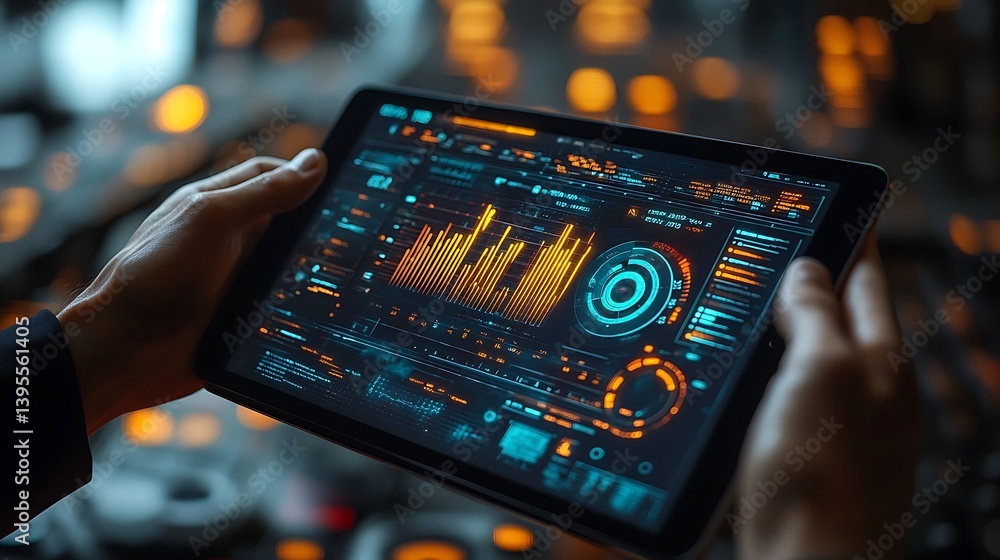 Hands Holding Digital Tablet Displaying Complex Data Visualization and Futuristic Interface, Focused Technology.