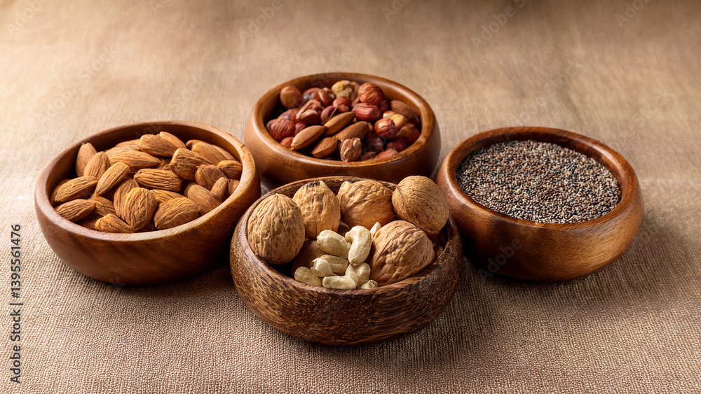 Assorted nuts and seeds in small wooden bowls on fabric Assorted nuts and seeds in small wooden bowls on fabric