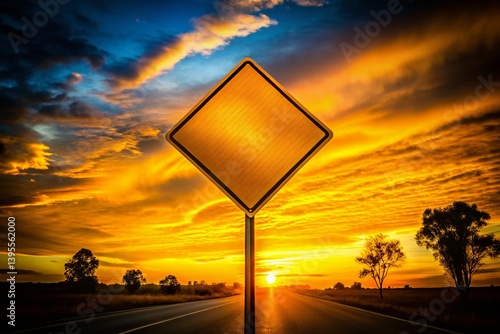 Silhouette of Road Sign & Yellow Street Line Banner at Sunset - Stock Photo
