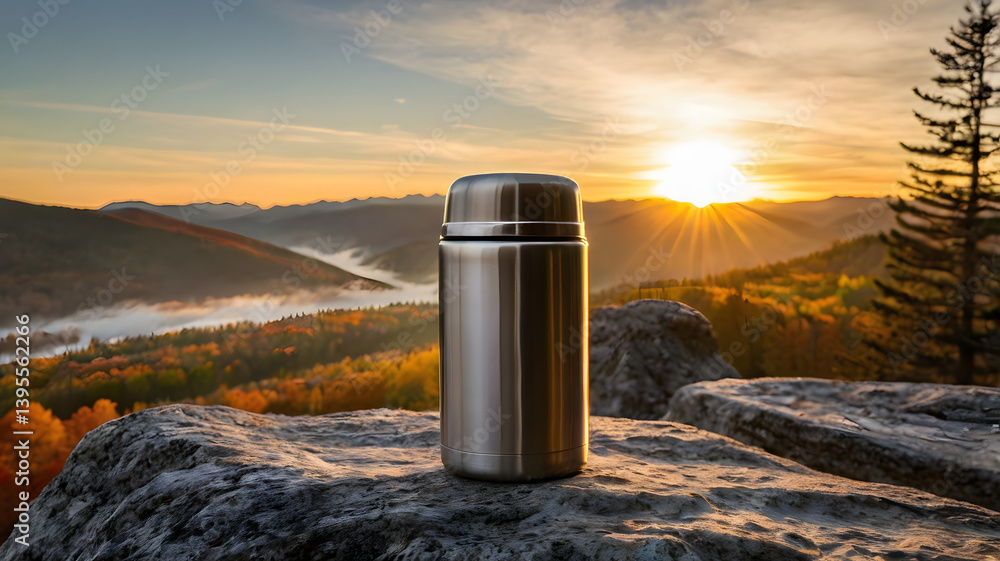 Mountain Sunrise Warmth: A stainless steel thermos and cup rest on a rock, steam rising as the sun casts a golden glow over the autumnal mountain landscape.