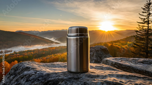 Obraz na płótnie Mountain Sunrise Warmth: A stainless steel thermos and cup rest on a rock, steam rising as the sun casts a golden glow over the autumnal mountain landscape. w salonie