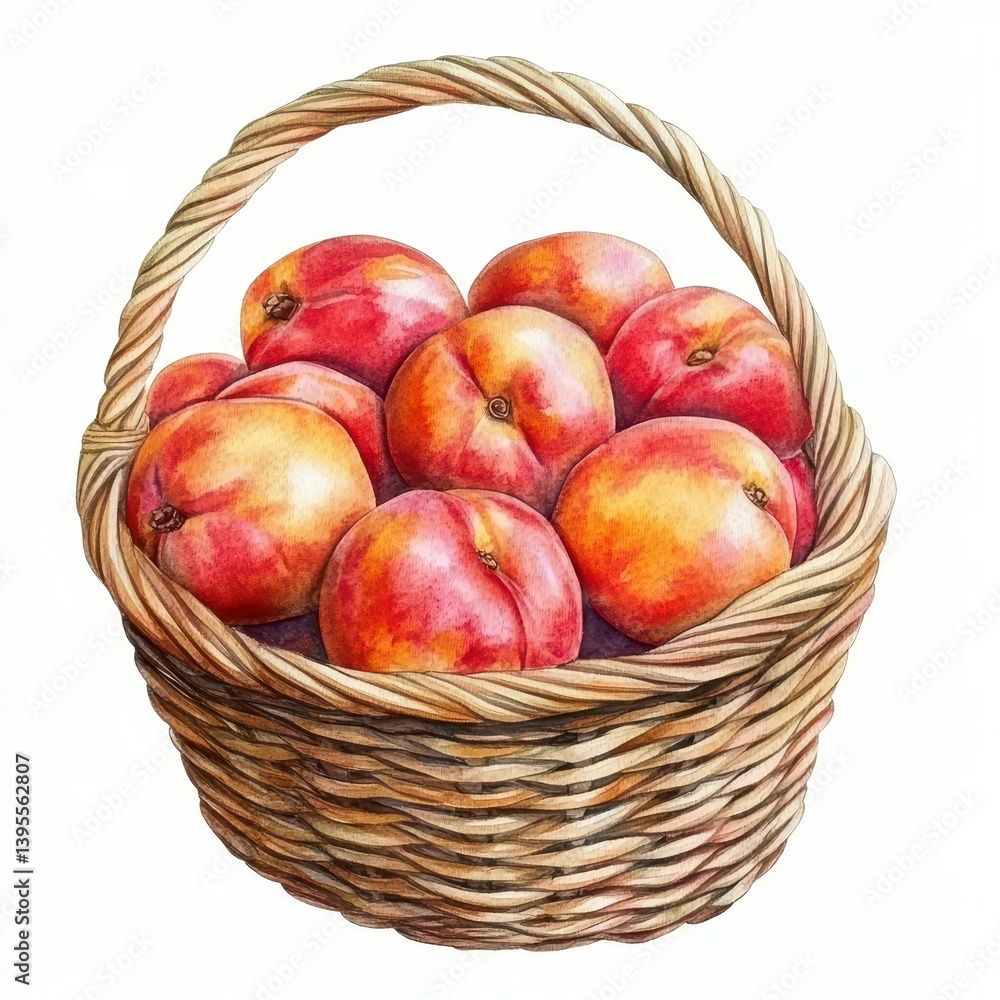 Watercolor Illustration of Nectarines in a Woven Basket Watercolor Illustration of Nectarines in a Woven Basket