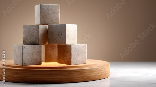 3D Illustration Abstract arrangement of textured blocks on a circular wooden base, set against a neutral background. Brand value trust emotion concept.