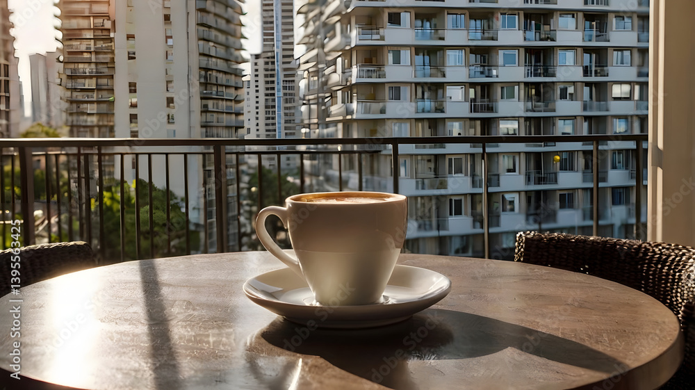 Picture of a coffee cup on a table with a balcony of a condo, hotel and an outside view. It is a picture of a tall building in a big city with morning sunlight.