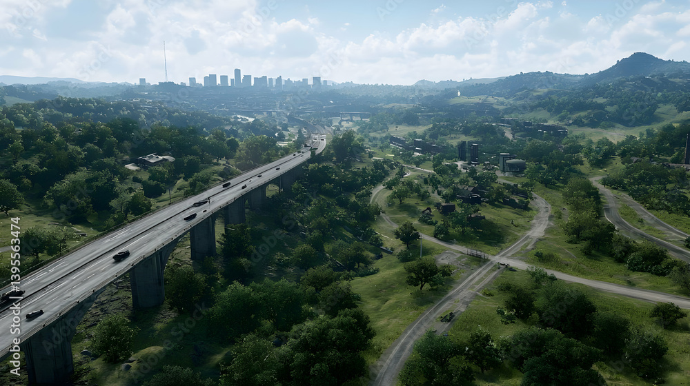Aerial View Of Highway Crossing Through Cityscape And Rural Area Aerial View Of Highway Crossing Through Cityscape And Rural Area