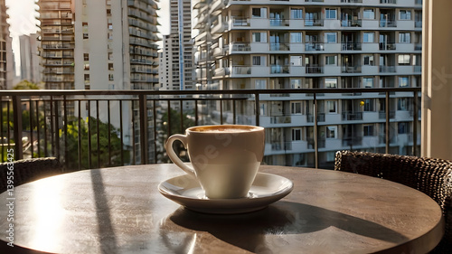 Obraz na płótnie Picture of a coffee cup on a table with a balcony of a condo, hotel and an outside view. It is a picture of a tall building in a big city with morning sunlight. w salonie