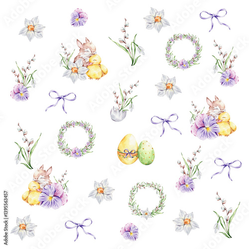 Pattern with a baby rabbit and a duckling hugging, colorful eggs, bouquets of snowdrops, willows and violets, daffodils, wreaths and bows on a white background.