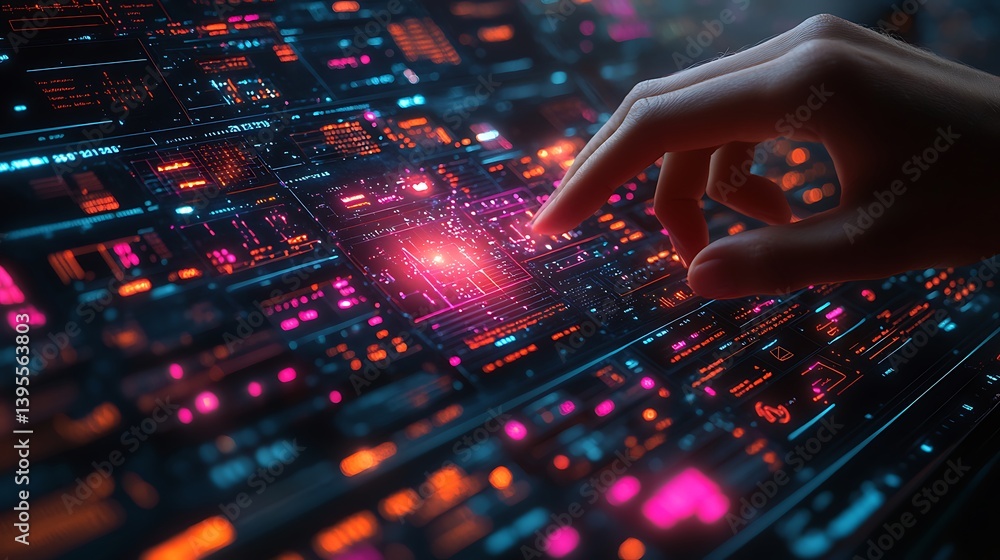 Hand Interacting with Futuristic Interface Displaying Complex Data and Glowing Elements for Advanced Technology Concepts.