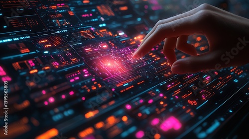 Obraz na płótnie Hand Interacting with Futuristic Interface Displaying Complex Data and Glowing Elements for Advanced Technology Concepts. w salonie