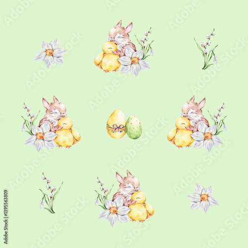 Pattern with a baby rabbit and a duckling hugging, colorful eggs and a bouquet of snowdrop, willows and daffodil on a green background.