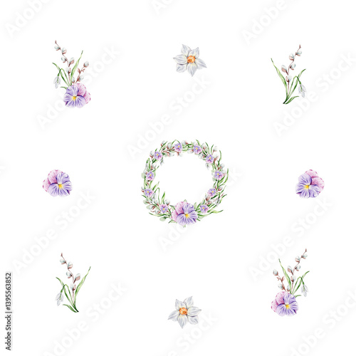 Pattern with a wreath of violets, snowdrops and willow, individual floral elements on a white background.