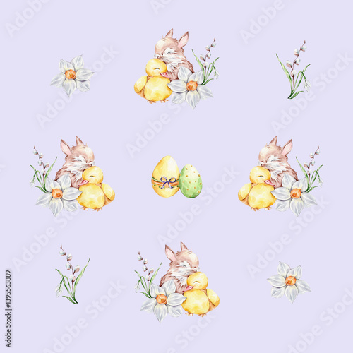 Pattern with a baby rabbit and a duckling hugging, colorful eggs and a bouquet of snowdrop, willows and daffodil on a white background.