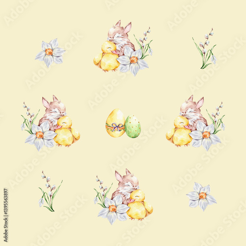Pattern with a baby rabbit and a duckling hugging, colorful eggs and a bouquet of snowdrop, willows and daffodil on a yellow background.