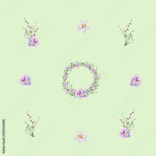Pattern with a wreath of violets, snowdrops and willow, individual floral elements on a green background.