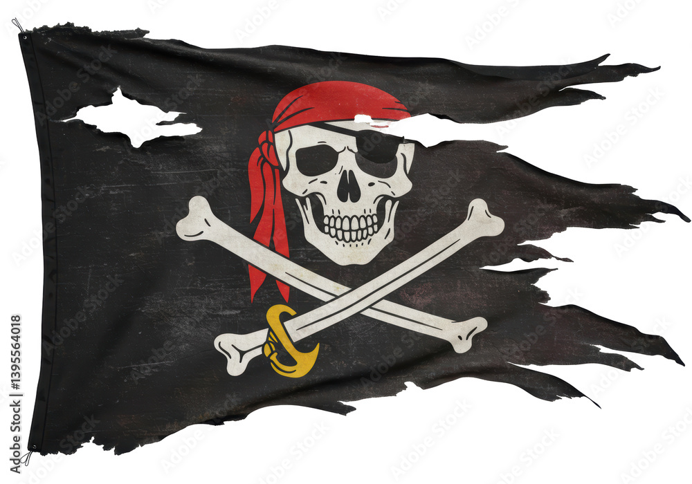 Naklejka premium Isolated Tattered Pirate Flag with Skull and Crossbones