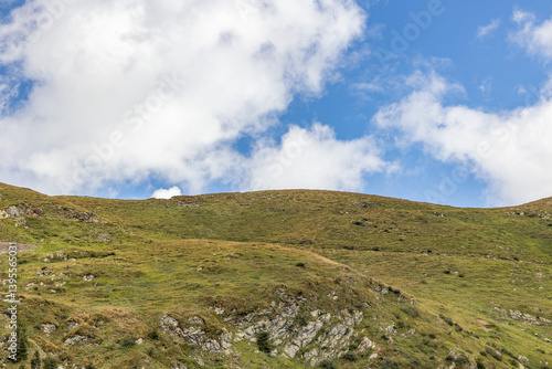 Obraz na płótnie pendii e cime erbose in un ambiente naturale di montagna, di giorno, sotto un cielo parzialmente nuvoloso, nelle Alpi del nord Italia w salonie