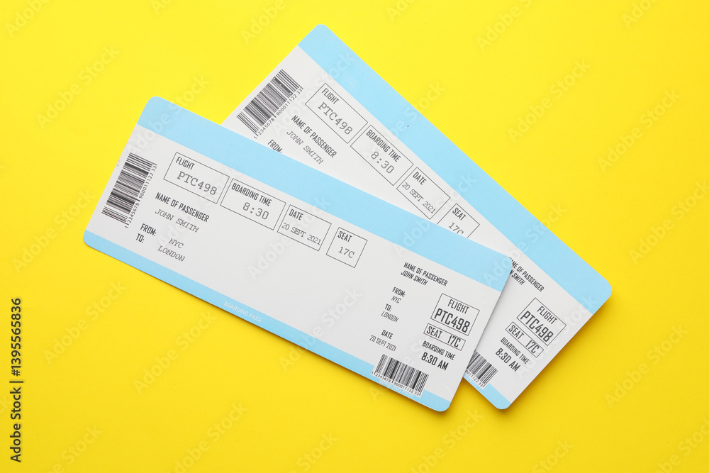 Travel agency. Flight tickets on yellow background, top view Travel agency. Flight tickets on yellow background, top view