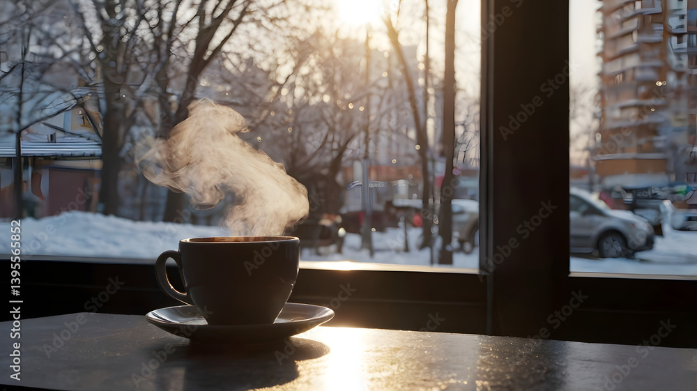 Steaming cup of aromatic coffee on the counter of coffee shop on winter day. Morning breakfast concept