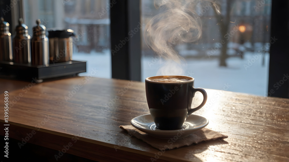 Steaming cup of aromatic coffee on the counter of coffee shop on winter day. Morning breakfast concept