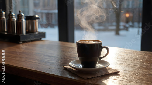 Steaming cup of aromatic coffee on the counter of coffee shop on winter day. Morning breakfast concept