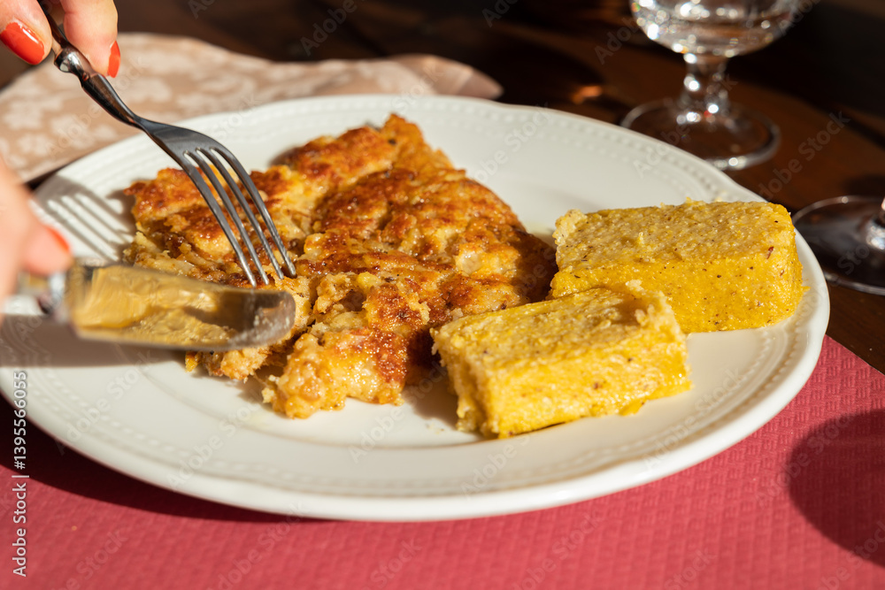 dettagli di un piatto tradizionale del Friuli Venezia Giulia a base di polenta e formaggi fusi