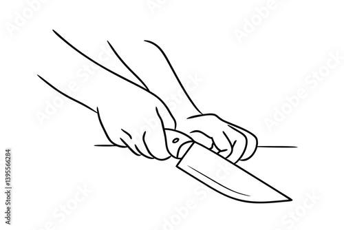 Line Art Hands Cutting Food Preparation With Knife On Board Illustration