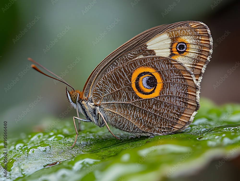 Obraz premium Butterfly on Wet Leaf Closeup