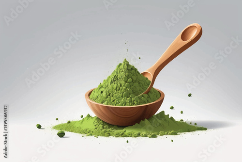 Matcha green powder pile, tea in wooden spoon isolated on white background, side view