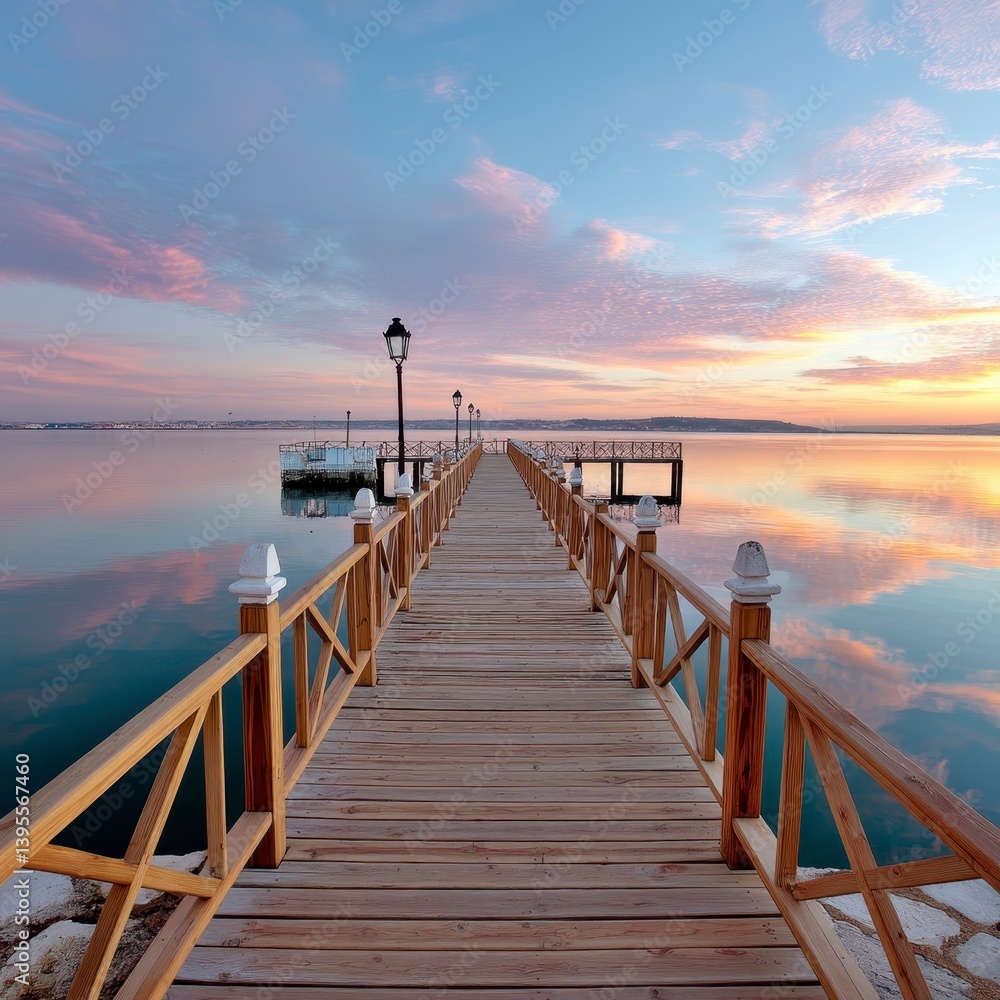 Obraz premium Serene Sunset Over Calm Waters from a Wooden Pier with Lanterns