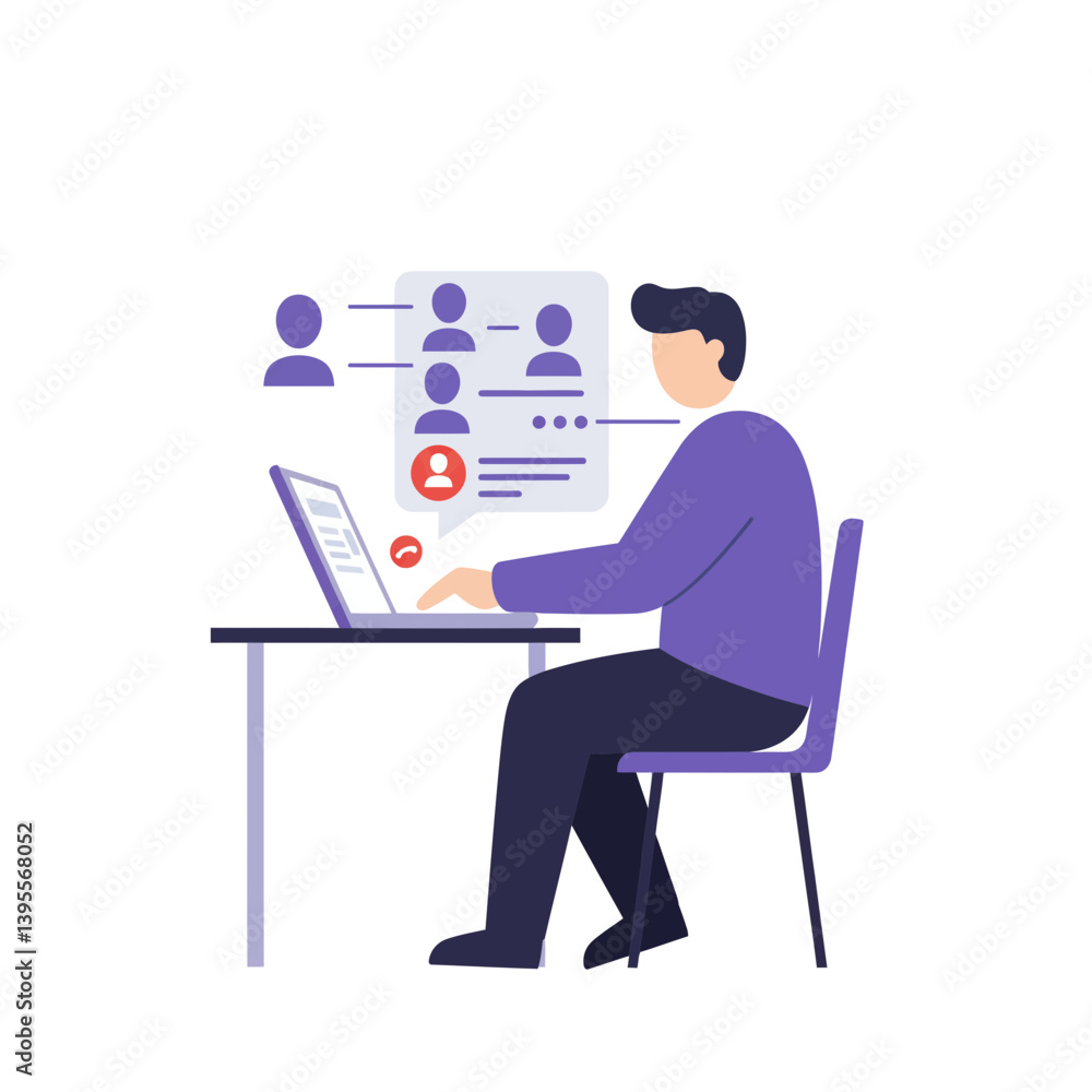 Remote Communication Illustration: Depicting a modern individual in the midst of a remote communication, focused on using a laptop at a desk. Remote Communication Illustration: Depicting a modern individual in the midst of a remote communication, focused on using a laptop at a desk.