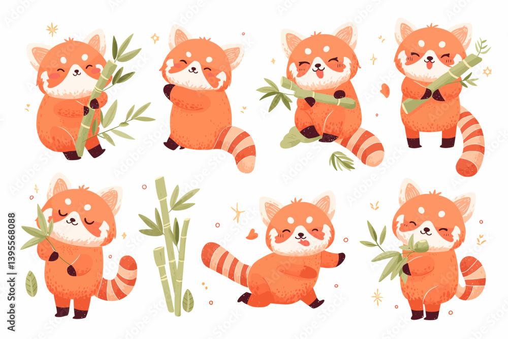 Obraz premium Cute Red Panda Characters with Bamboo Set