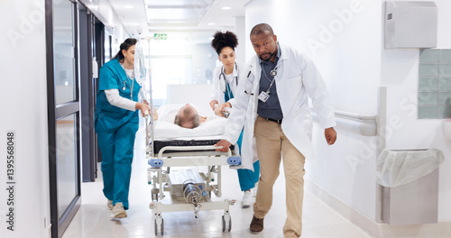 Foto Gurney, healthcare or rush with doctors and nurses in hospital for emergency, operation or surgery
