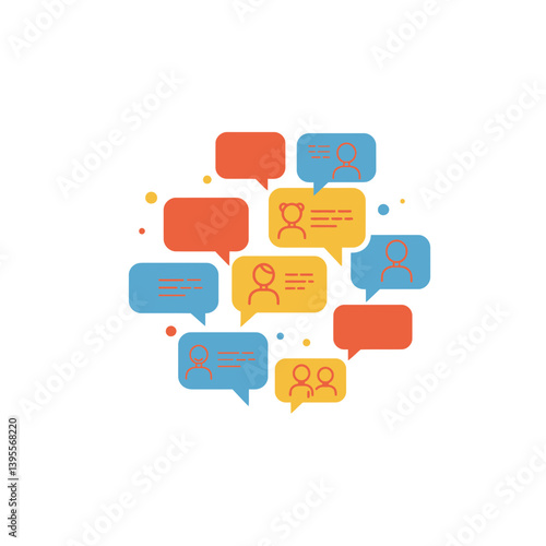 Dynamic Conversations: A cluster of vibrant speech bubbles, filled with playful icons, represents the flow of communication, conversations, and dialogue in a modern and engaging graphic style.