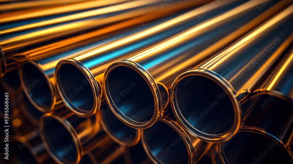 Stacked metallic pipes. Close-up view of many cylindrical tubes Stacked metallic pipes. Close-up view of many cylindrical tubes