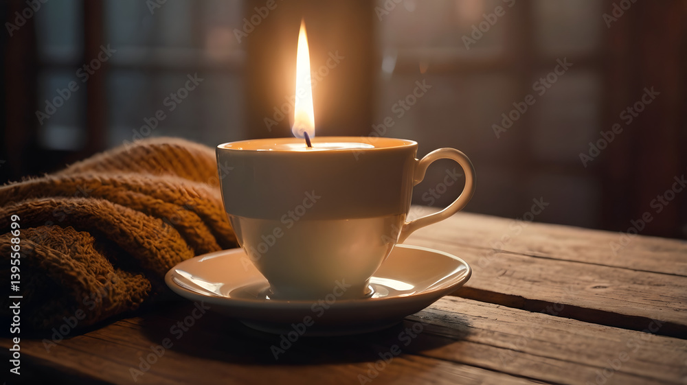 A cup of steaming tea on a wooden table. The tea is surrounded by a cozy scarf and there is a candle in the background. The mood is warm and inviting.