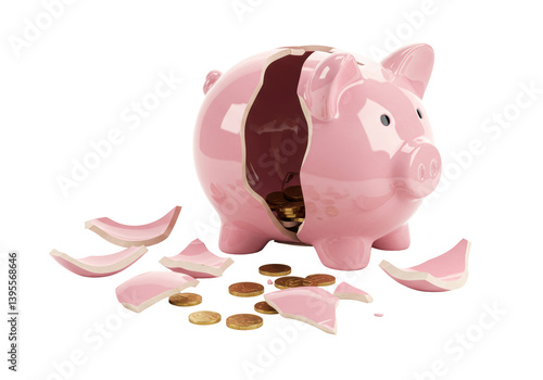 Fotografie Isolated Broken Piggy Bank with Scattered Gold Coins