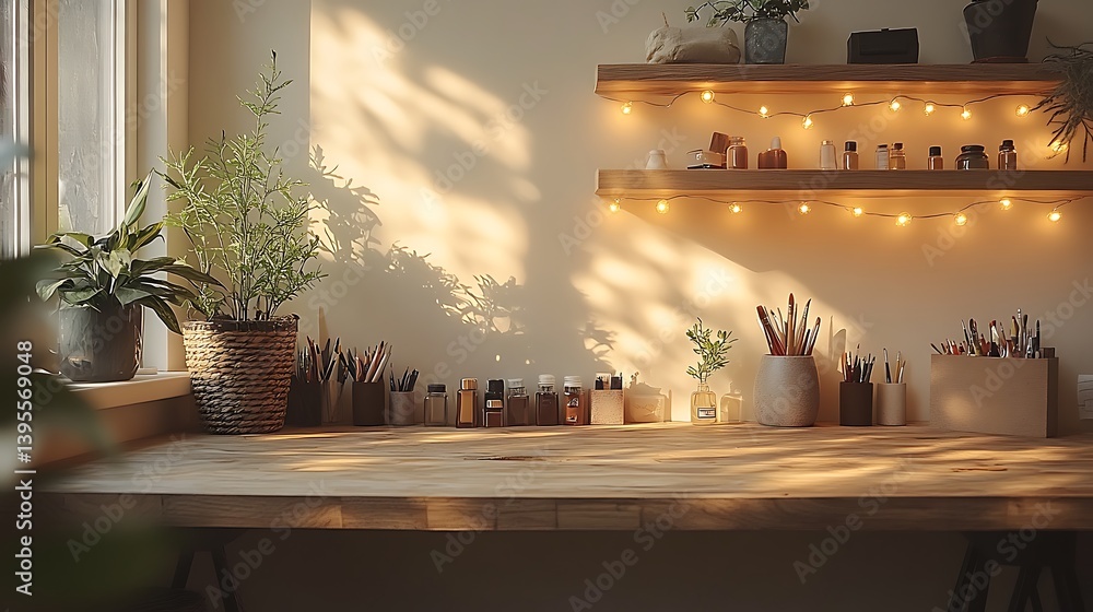 Cozy Workspace with Wooden Desk, Artistic Supplies, and Warm Lighting for Creative Inspiration and Productivity at Home.