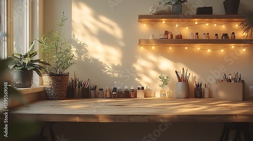 Obraz na płótnie Cozy Workspace with Wooden Desk, Artistic Supplies, and Warm Lighting for Creative Inspiration and Productivity at Home. w salonie