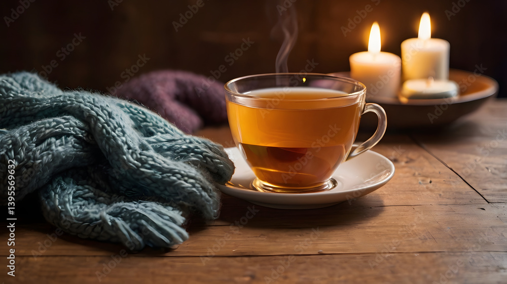 A cup of steaming tea on a wooden table. The tea is surrounded by a cozy scarf and there is a candle in the background. The mood is warm and inviting.