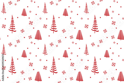 White transparent background features seamless vector pattern of red pine trees snowflakes, creating cheerful atmosphere perfect for winter celebrations holiday events Wrapping paper design for gift
