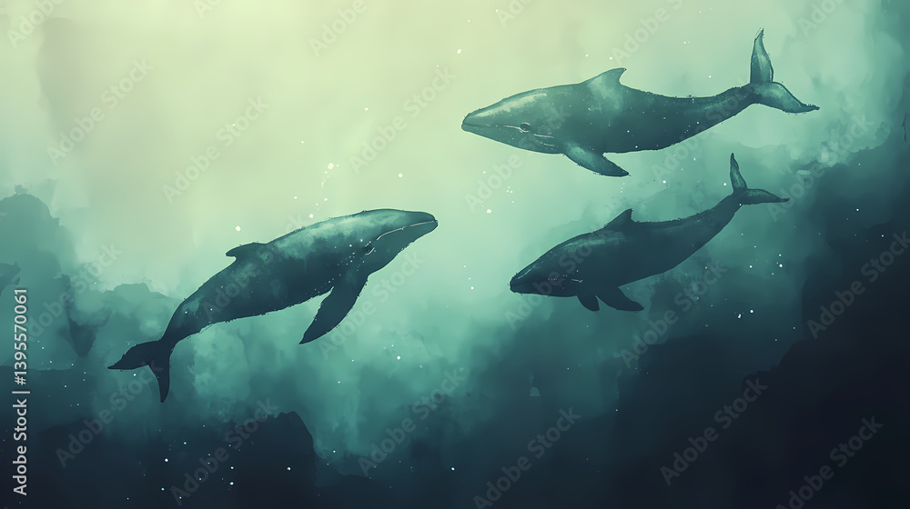 Dreamy watercolor whales swimming beneath a starlit ocean surface with copy space. Starlit Shoals. Illustration Dreamy watercolor whales swimming beneath a starlit ocean surface with copy space. Starlit Shoals. Illustration