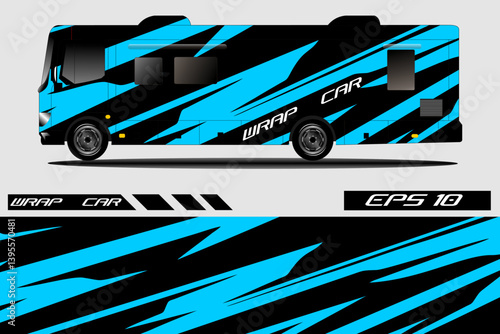 Sleek blue and black vehicle wrap design showcasing dynamic stripes on a modern RV