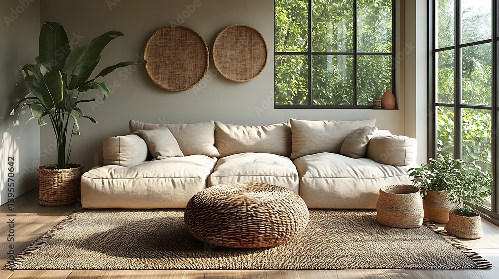 Cozy Living Room Interior with Neutral Tones, Comfortable Sofa, Woven Accents, Natural Light, and Lush Greenery Enhancing a Relaxing Atmosphere.