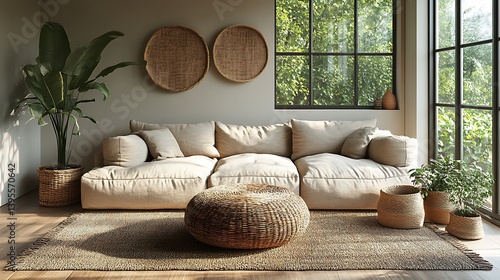 Obraz na płótnie Cozy Living Room Interior with Neutral Tones, Comfortable Sofa, Woven Accents, Natural Light, and Lush Greenery Enhancing a Relaxing Atmosphere. w salonie